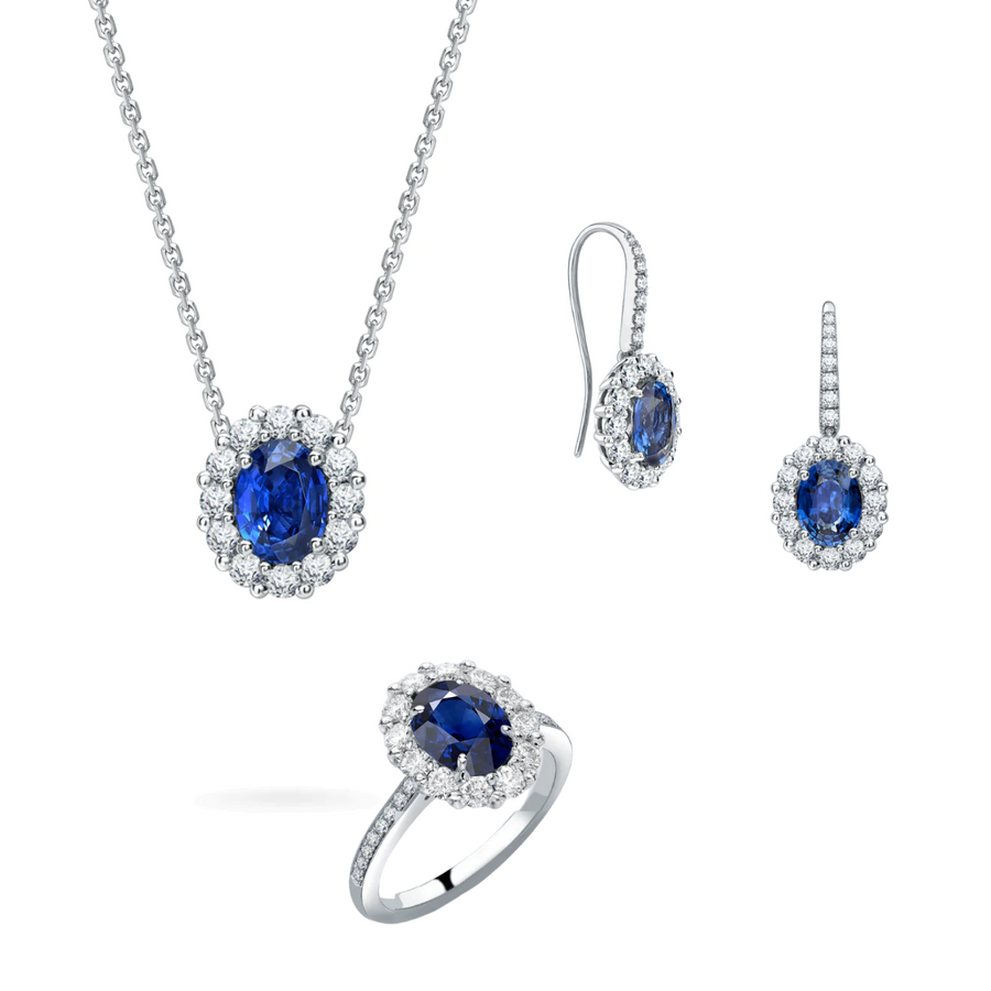 BLUE SAPPHIRE COMPLETE SET | PENDANT EARRINGS AND RING