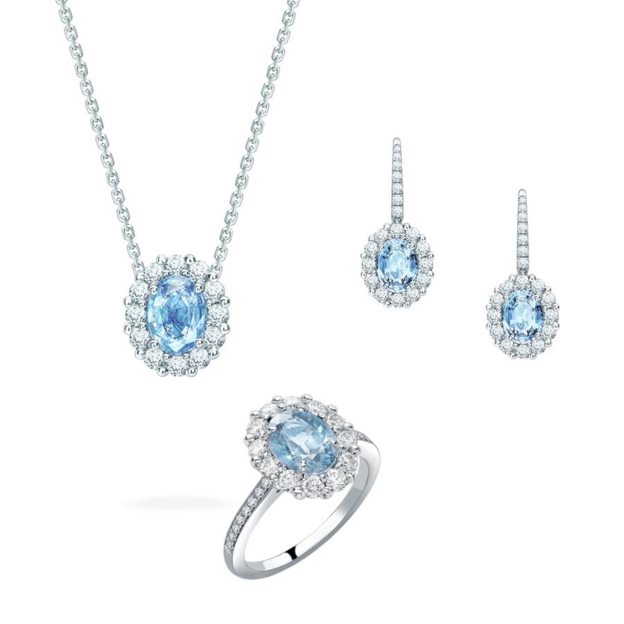 AQUAMARINE COMPLETE SET | PENDANT EARRINGS AND RING